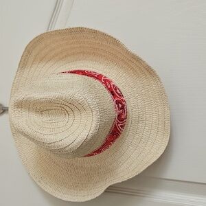 Straw Hat with Red Bandana Accent